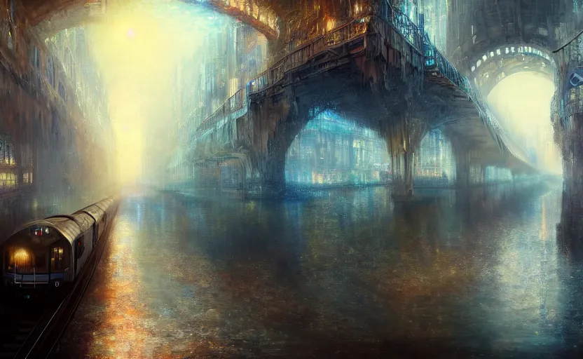 Image similar to an urban train rides inside of a waterway on a fantasy city. by artstation trending, by joseph mallord william turner, luis royo, konstantin razumov, cinematic lighting, fractal flame, highly detailed