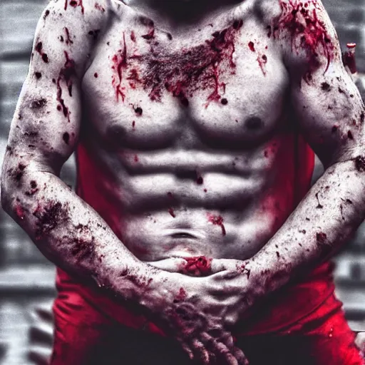 Image similar to ultra detailed photo of a man with many bloody arms covering his entire body