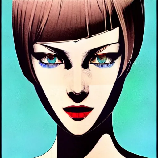 Image similar to woman with dark bobcut haircut with friendly blue eyes and slim features looking happy, underground box office hit, satire, seventies italian horror movie poster, giallo, intricate, ultra detailed 8 k, best, cool, extremely beautiful and aesthetic shape of face and neck, art by hiroaki samura and ilya kuvshinov and rossdraws and andy warhol, inverted