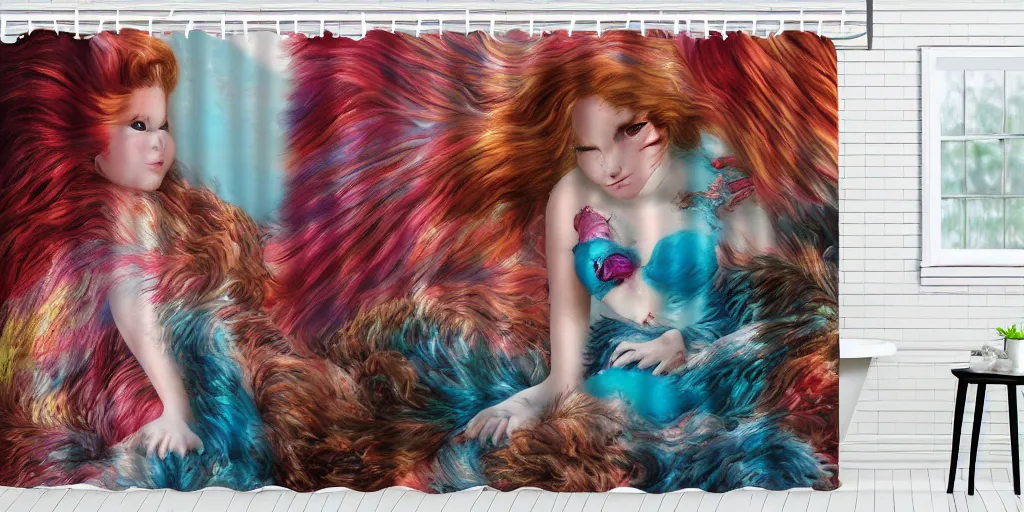 Image similar to a ( ( main coon kitten ) ) little mermaid themed shower curtain, shower curtain product photography. digital art. 4 k, highly detailed. saturated.