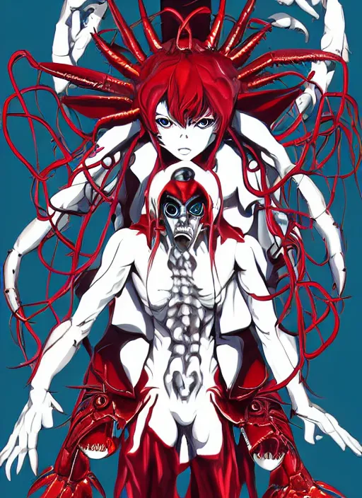 Image similar to shin megami tensei art of a demon called mi - go, crustacean, art by kazuma kaneko, demonic! compedium!, digital drawing, white background, high quality, highly detailed