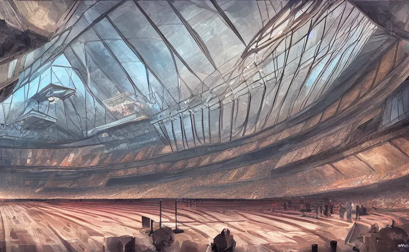 Prompt: huge olympic stadium indoor rocks, architecture, highly detailed, digital painting, artstation, concept art, sharp focus, illustration, art nouveau