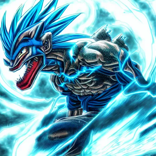 Image similar to Super Saiyan Blue, fantasy artwork, official, hyper detailed, half dragon, draco saiyan, Chinese dragon, reptile, shenron, god character dragonball, award winning artwork