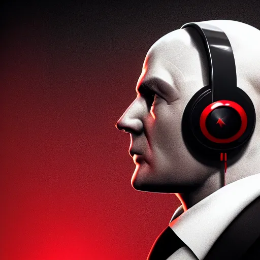 Image similar to a portrait of agent 4 7 from hitman wearing headphones, dark background, red rim light, highly detailed, smooth, sharp focus