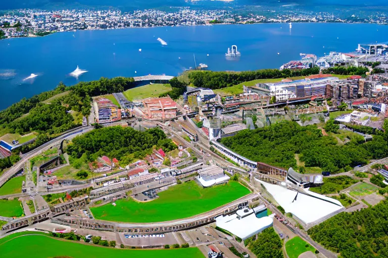 Image similar to bird's eye view photography of a small city. town hall, central farm, monorail station, beach and shipping dock. hills, woods and lake to the north.