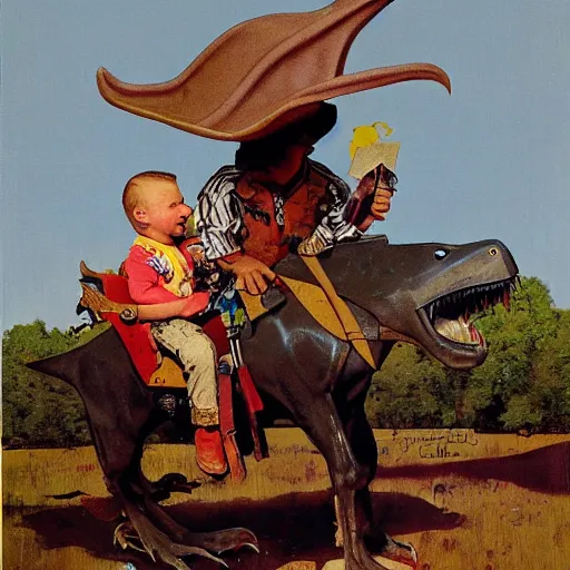 Image similar to A toddler dressed like a cowboy riding a pterodactyl, Norman Rockwell Painting