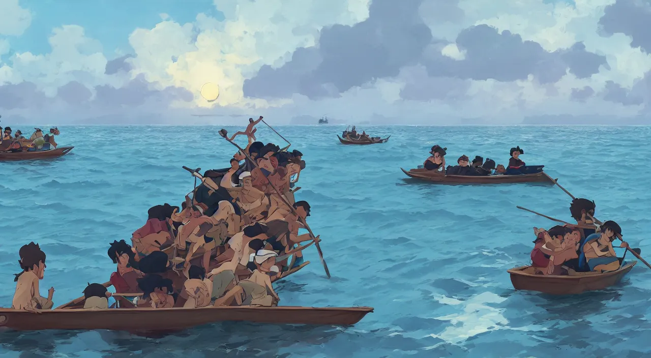 Image similar to havanese dogs and men on row boats, coming ashore in micronesia, 1 9 0 0, tartakovsky, atey ghailan, goro fujita, studio ghibli, rim light, dark lighting, clear focus, very coherent