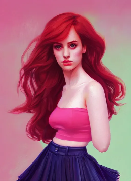 Image similar to full body portrait of teenage cheryl blossom, bangs, green eyes, sultry expression, red hair, sultry smirk, bangs and wavy hair, pink skirt, bangs, intricate, elegant, glowing lights, highly detailed, digital painting, artstation, concept art, smooth, sharp focus, illustration, art by wlop, mars ravelo and greg rutkowski