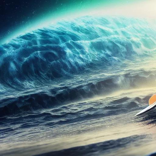 Image similar to photo of a alien surfing a surfboard on a crashing l wave of alien ocean in space, background is an alien galaxy, aliens in the background, alien colors, octane render, unreal engine, wide view, 8 k, high detaild