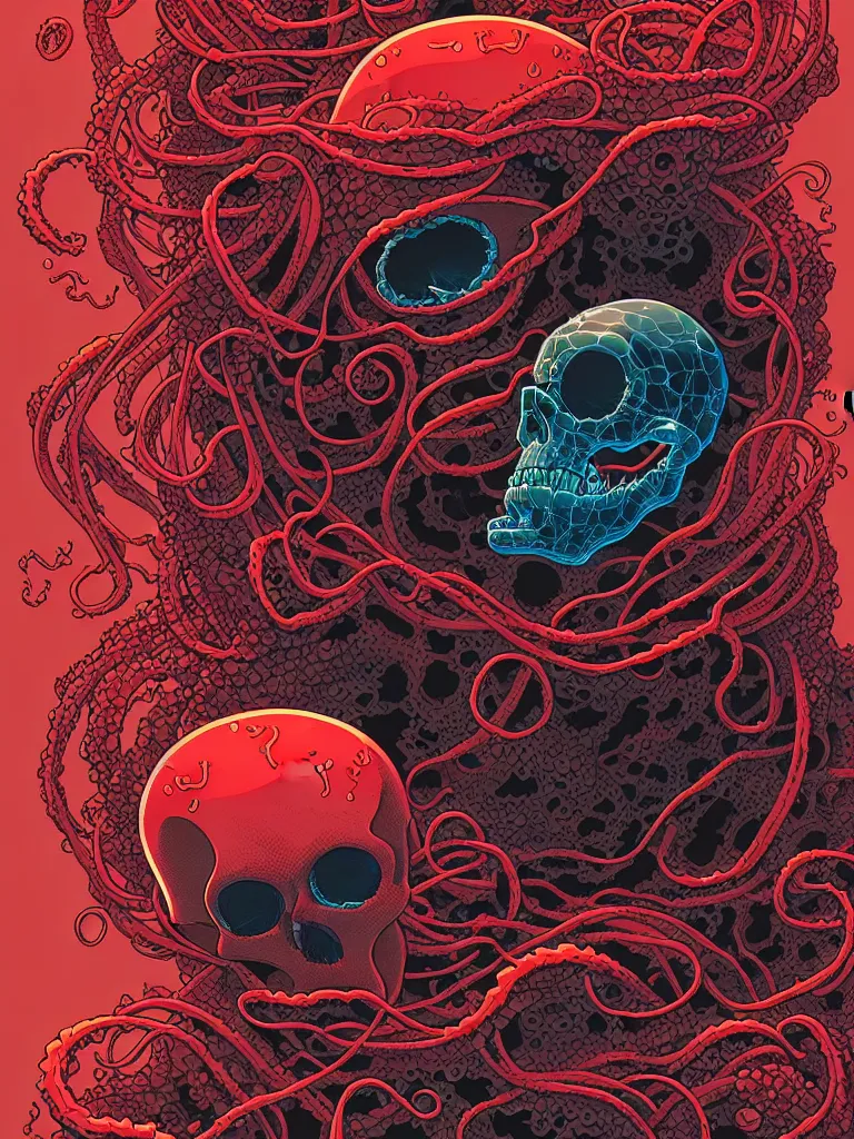 Prompt: a glowing red skull in the sea enveloped by jellyfish tendrils and black seaweed by josan gonzalez and dan mumford and laurie greasley and ross tran, highly detailed, high contrast