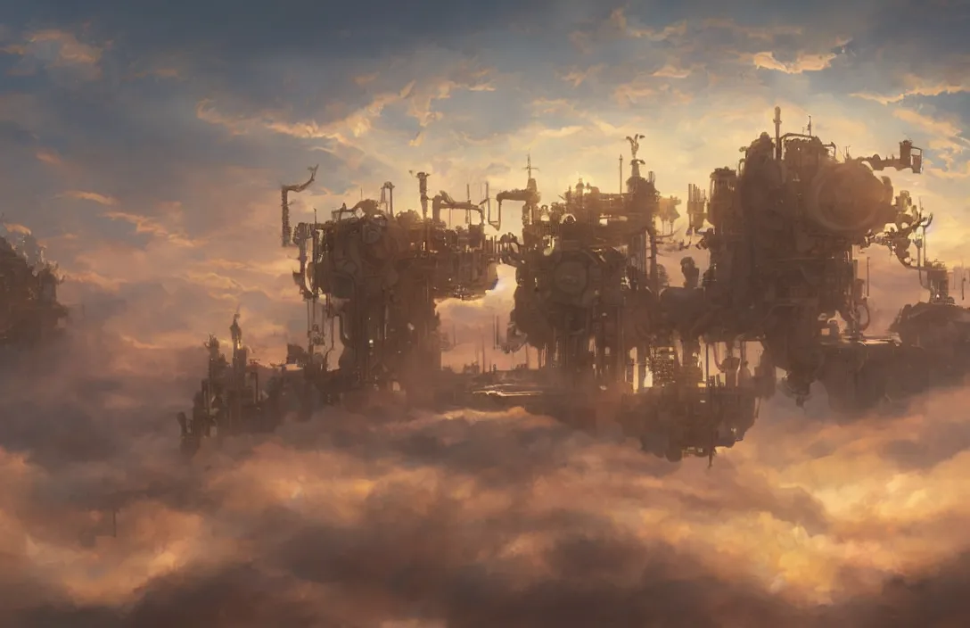 Prompt: Giant steampunk brass habitats floating above the clouds at sunset, digital concept art painting by greg rutkowsky, trending on artstation