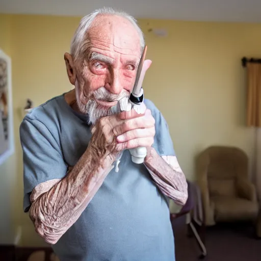 Prompt: elderly man with lightsaber in a nursing home, canon eos r 3, f / 1. 4, iso 2 0 0, 1 / 1 6 0 s, 8 k, raw, unedited, symmetrical balance, wide angle