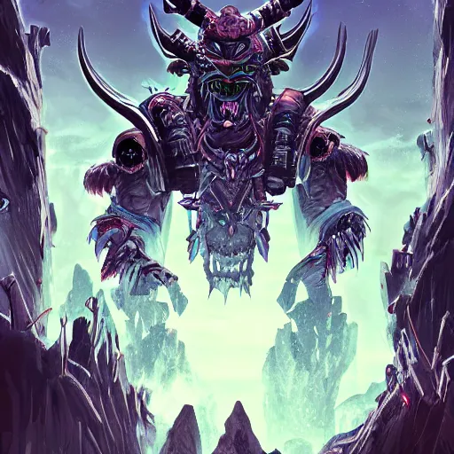 Image similar to a giant oni villain, similar to aku from samurai jack, epic d & d art, highly detailed, hq, trending on artstation, cyberpunk, retrowave, epic, dark fantasy