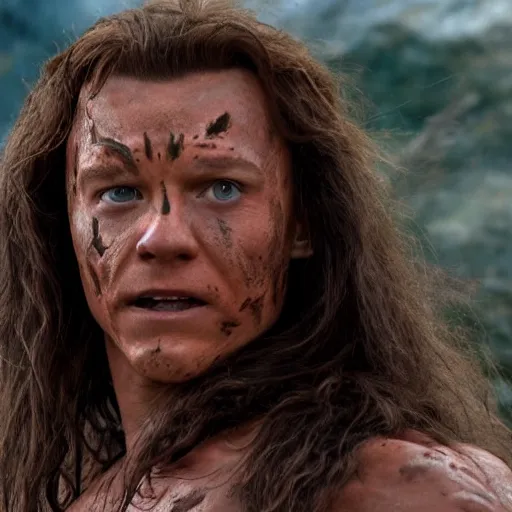 Prompt: Tom Holland as Conan the Barbarian. Movie still frame. Heroic. 4K UHD