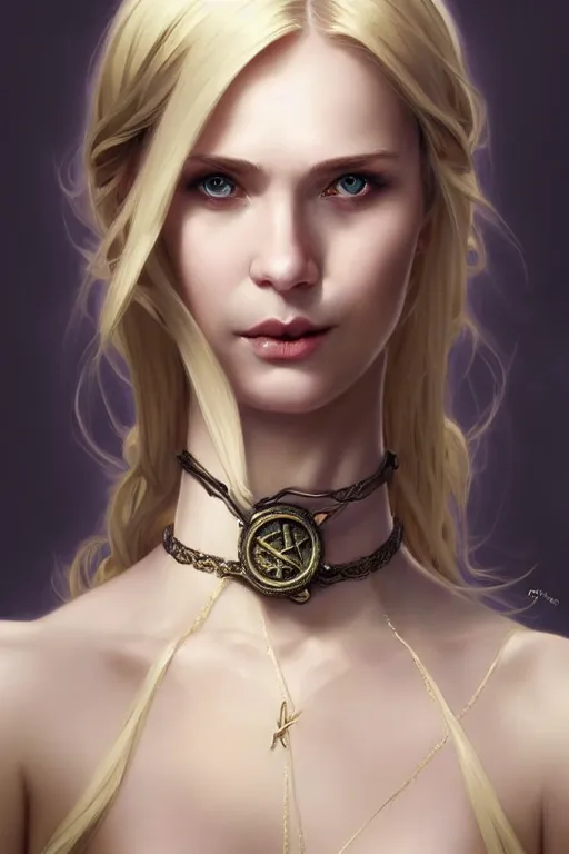 Image similar to Portrait of seductive female priest, D&D, revealing stylish dress, choker on neck, long blonde hair, mouth slightly open, slight nerdy smile, fantasy, intricate, elegant, highly detailed, digital painting, artstation, concept art, smooth, sharp focus, illustration, art by artgerm and greg rutkowski and alphonse mucha