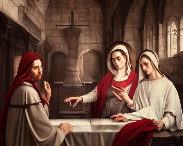 Image similar to photography of the three marys at the sepulchre, deep focus, biblical painting, illustration, art by artgerm and greg rutkowski and caravaggio