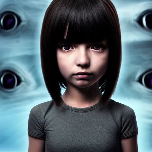 Image similar to little alien girl with big sad black eyes and dark hair, bangs cover half of her face, sci - fi, 3 d, photorealistic, ultra - details