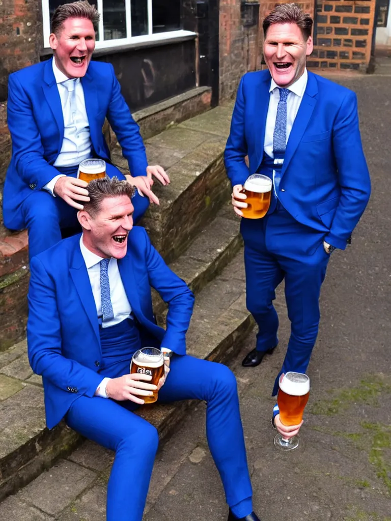 Image similar to Sir Kier Starmer wearing a blue suit laughing and drinking a big pint of lager