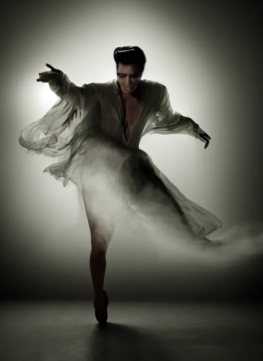 Prompt: a photorealistic dramatic hyperrealistic render of a glamorous beautiful elvis presley by ken brower and deborah ory of nyc dance project, lois greenfield, flowing cloth and smoke, beautiful dynamic dramatic dark moody lighting, volumetric, shadows, cinematic atmosphere, octane render, 8 k