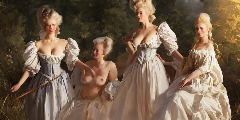 Prompt: three beautiful finnish norwegian scandinavian young attractive glamour models as marie antoinette wearing 1 7 th century french off - the - shoulder neckline bodice walking in a field sunset jodhpurs greg manchess painting by sargent and leyendecker, studio ghibli fantasy close - up shot asymmetrical intricate elegant matte painting illustration hearthstone, by greg rutkowski by greg tocchini by james gilleard