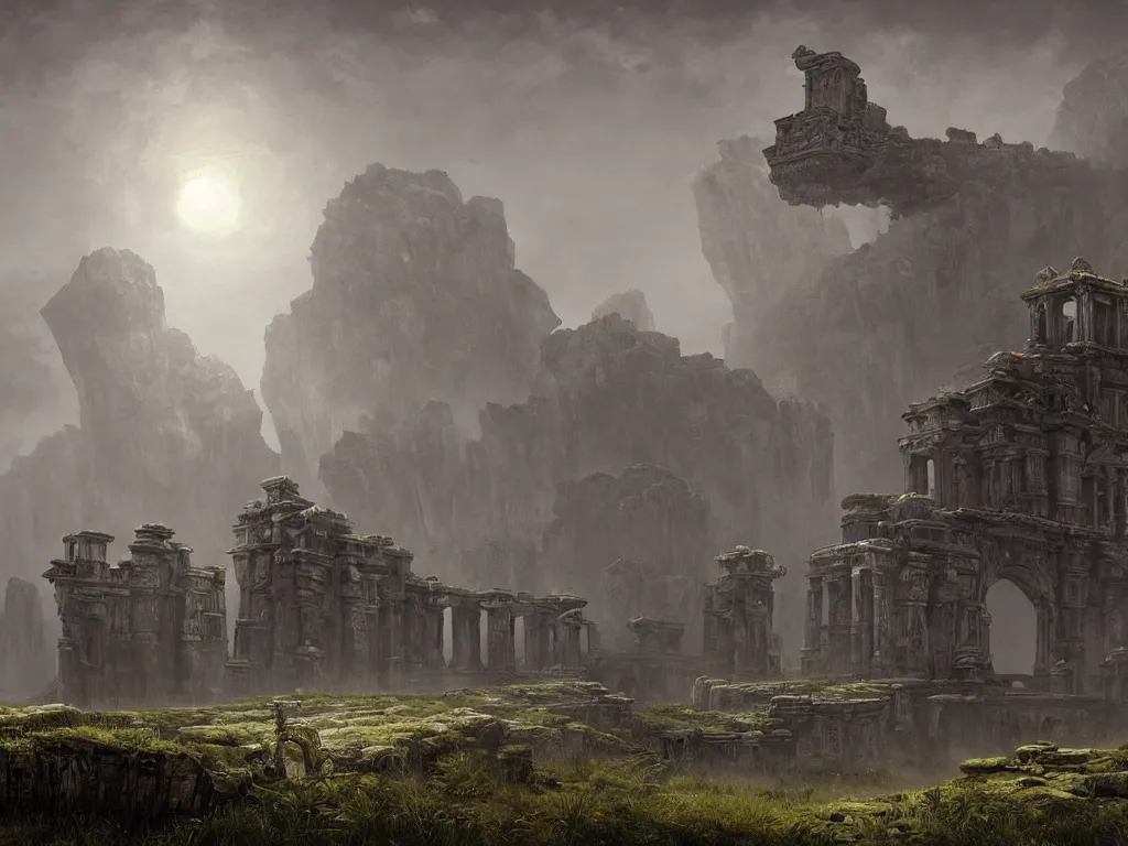 Prompt: an ancient crumbling overgrown temple, a moonlit steppe, ((in the style of shadow of the colossus)), by tyler edlin, by caspar david friedrich, blood moon, 💀, matte painting