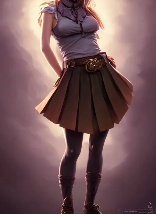 Image similar to portrait of a full body of beautiful young female detective, d & d, sleeveless turtleneck, pleated skirt, fantasy, flat lighting, intricate, highly detailed, digital painting, artstation, concept art, smooth, sharp focus, illustration, misa amane, art by simon bisley and greg rutkowski and alphonse mucha, natural tpose