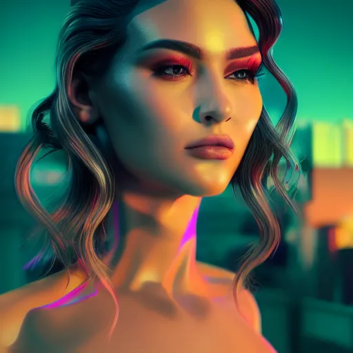 Image similar to synthwave different beauty, detailed face, sharp focus, synthwave art, aesthetic, octane render, raw, cinematic