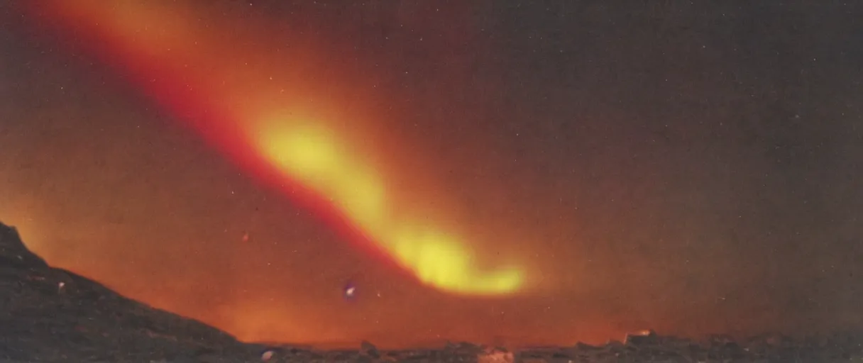 Image similar to a high quality color creepy atmospheric dimly lit extreme closeup film 3 5 mm depth of field photograph of a us soldier frantically running away from a huge explosion in mcmurdoch station in antarctica in 1 9 8 2 with the aurora borealis in the sky at night