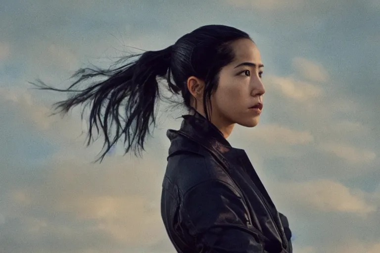 Prompt: first official image from new surreal action film starring sonoya mizuno, lush colors, kodak vision 2 0 0 t, anamorphic lens, halation, diffusion, framing, symmetrical, film grain, high contrast, midnight