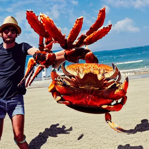 Image similar to jovanotti fighting a giant flaming enemy crab on a beach