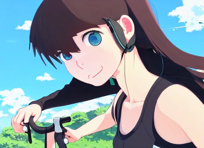 Prompt: portrait of cute girl riding road bike, sunny sky background, lush landscape, illustration concept art anime key visual trending pixiv fanbox by wlop and greg rutkowski and makoto shinkai and studio ghibli and kyoto animation, symmetrical facial features, sports clothing, kask protone icon, nike cycling suit, backlit, aerodynamic frame, long hair, down hair