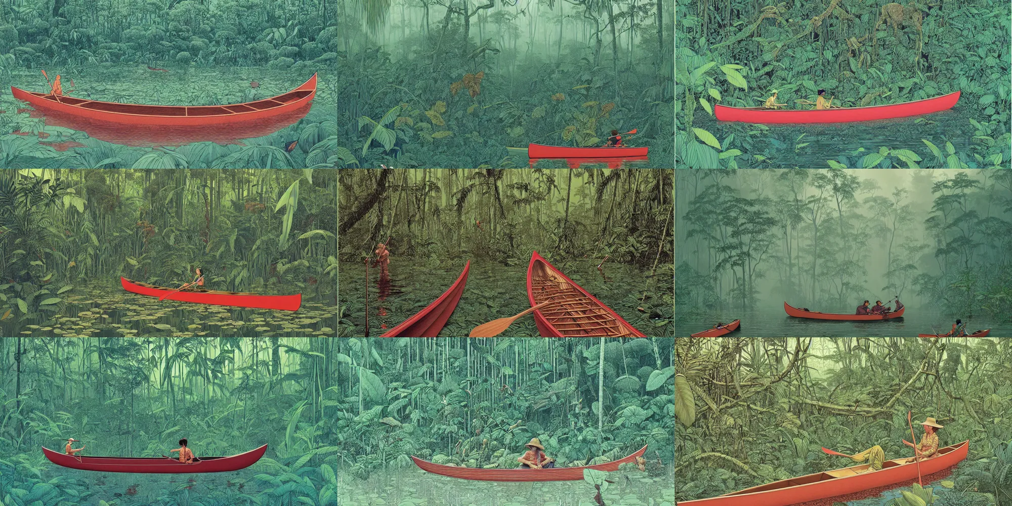 Prompt: canoe on the amazon river, lush jungle, foggy huge forest, by victo ngai, moebius, jean giraud, hyperrealism, intricate detailed