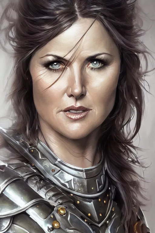 Prompt: a finely detailed portrait of Lucy Lawless, clothed in battle armor, olive skin, long dark hair, beautiful bone structure, symmetrical facial features, intricate, elegant, digital painting, trending on Artstation, concept art, smooth, sharp focus, illustration, from World of Warcraft, by Ruan Jia and Mandy Jurgens and Artgerm and william-adolphe bouguerea, award winning