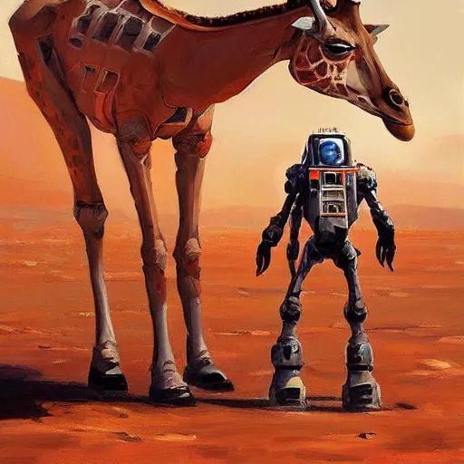 Image similar to a half robot giraffe walking on mars, trending on artstation, art by greg manchess, guangjian, detailed digital art, artstation hd