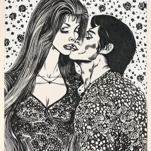 Image similar to 1 9 6 0 s drawing symmetrical pretty elegant brigitte bardot as a vampire kissing alain delon, very detailed intricate!!! intaglio, style of ( takato yamamoto )!!!, moon and stars and flowers tree