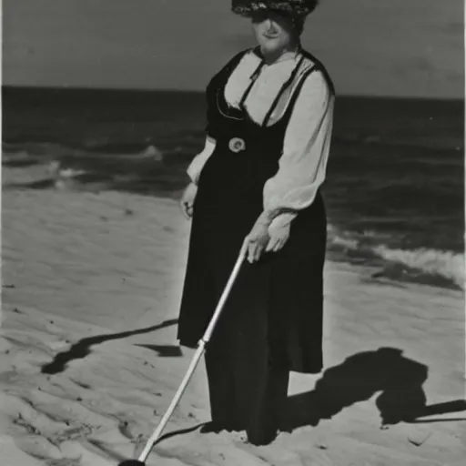 Image similar to an edwardian woman using a metal detector on the beach, black and white photograph