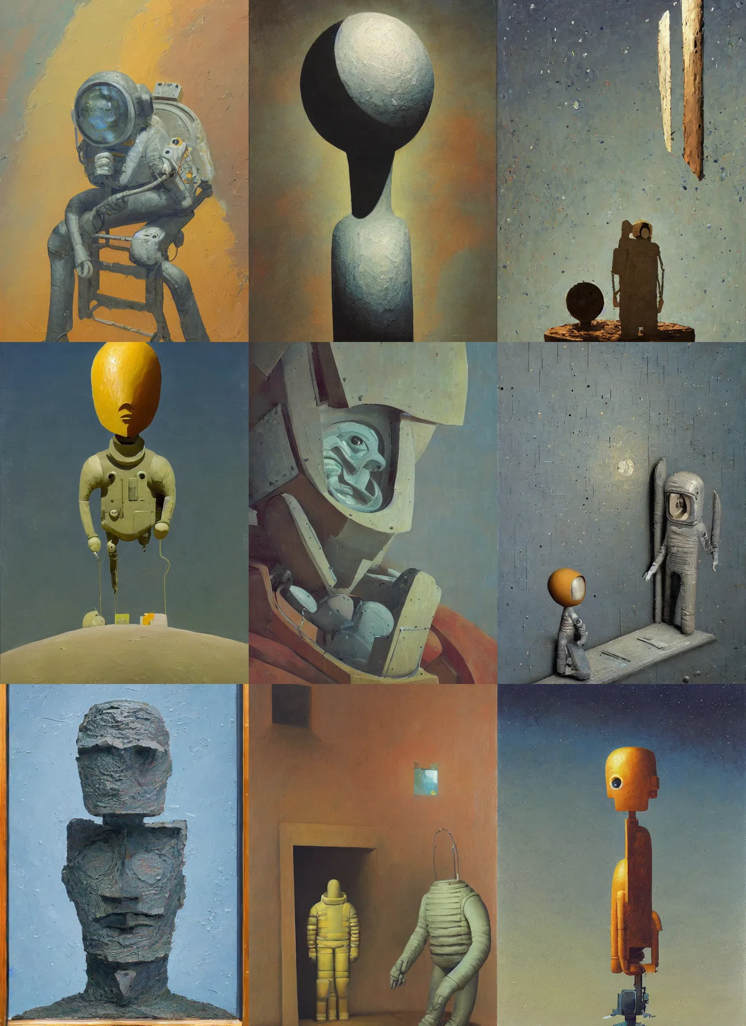 Prompt: an impasto painting by shaun tan and dan mcpharlin and edward hopper of a forgotten astronaut sculpture by the caretaker and ivan seal,