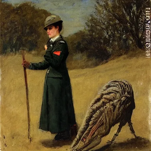 Image similar to female park ranger petting a veloceraptor by alfred stevens