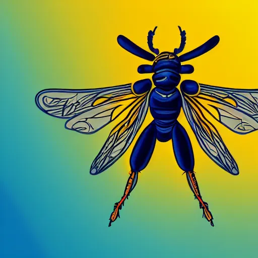 Image similar to human man that resembles a wasp morh in surreal sketch style, blue and yellow gradient, noise, ultrafine detail, hd 8k, logo illustration