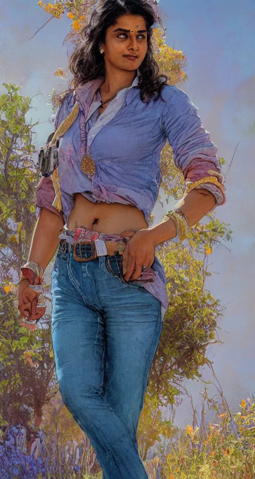 Image similar to close up a beautiful Indian doctor wearing jeans and a shirt in Texas in 2022, sun shining, photo realistic illustration by greg rutkowski, thomas kindkade, alphonse mucha, loish, norman rockwell.