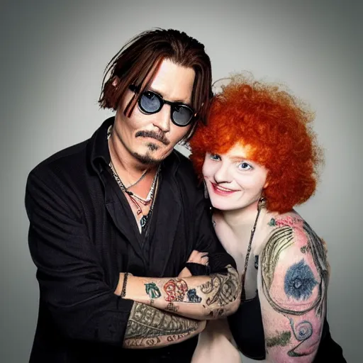 Prompt: photo of johnny depp with a ginger hair girl studio portrait