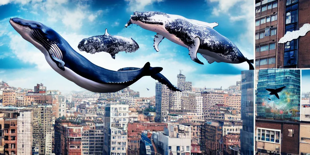 Image similar to photography collage of whale flying over a building, wearing fashion clothing, id magazine, hyperrealism, detailed textures, photorealistic, 3 d city, ultra realistic,