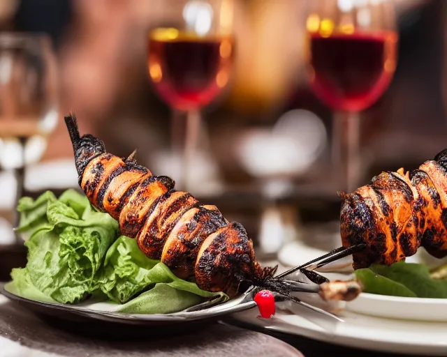Prompt: 8 5 mm food photography of a large grilled cockroach skewer at a restaurant with dof and bokeh and wine glasses out of focus in the background. highly detailed 8 k. intricate. lifelike. soft diffused light. nikon d 8 5 0.