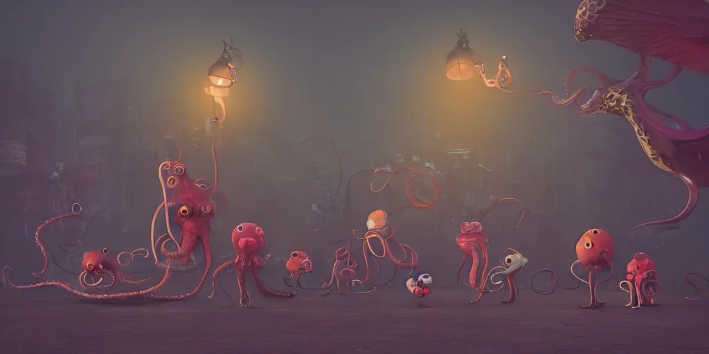Image similar to a strange bird octopus chimera creature waiting for the bus with other monsters, in the style of shaun tan and sam shearon, glossy, beautiful, fantastic, wonderful, dramatic lighting, candy colours, high contrast, 3 d sculpture 8 k octane render