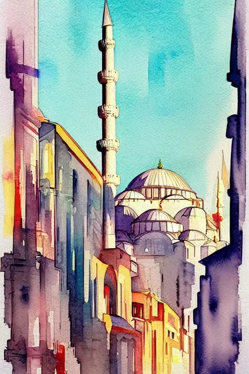 Prompt: minimalist colorful watercolor line art of istanbul, art deco, cityscape, matte drawing, poster art by chihiro iwasaki john and singer sargent