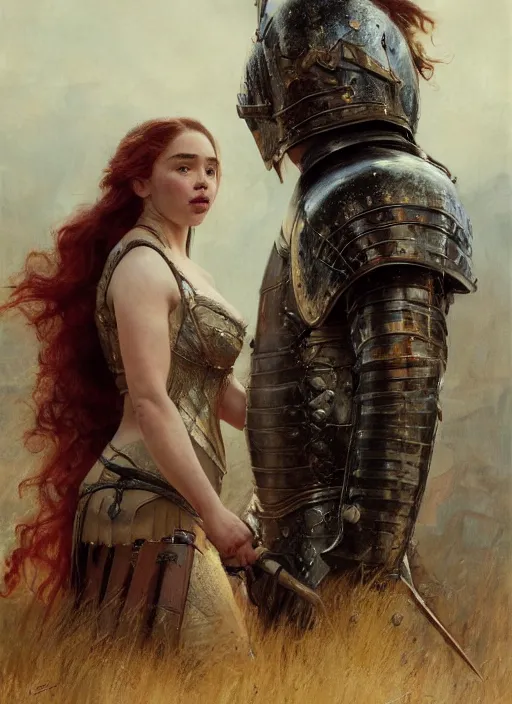 Image similar to short muscular redheaded woman wearing realistic medieval armour, emilia clarke staring seductively, staring seductively, detailed by gaston bussiere, bayard wu, greg rutkowski, giger, maxim verehin, greg rutkowski, masterpiece, sharp focus, cinematic lightning