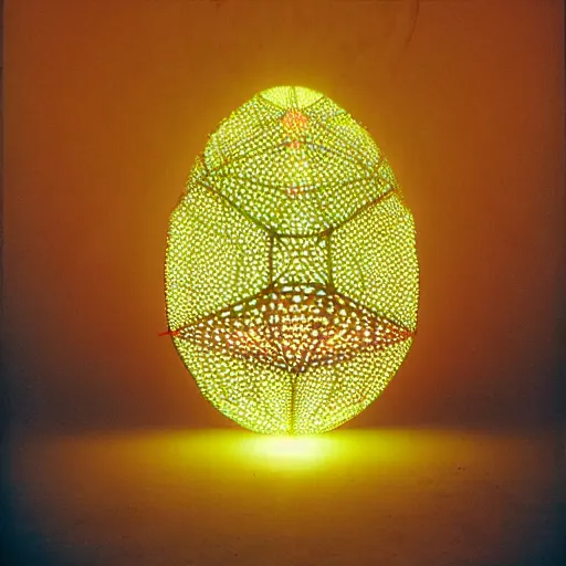 Image similar to annie liebowitz portrait of a plasma energy tron dinosaur egg in the shape of a dodecahedron made up of glowing electric plates and patterns. cinestill