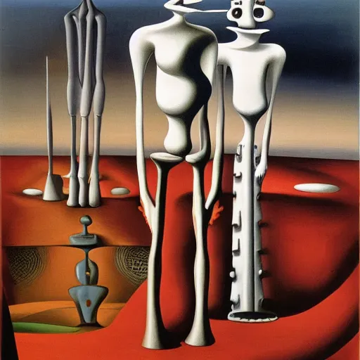 Prompt: Two extremely tall mechanical beings in a deep conversation. Temple of the new gods. Dali. Yves Tanguy.