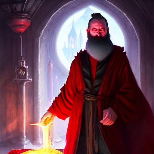 Prompt: evil male sorcerer, red robe, white skin, alchemist library background, the room filled with colorful magic, sharp, brown hair, beard, wlop, concept art, digital art, dynamic lighting, unreal engine, octane, by greg rutkowski, rudy siswanto and anna podedworna