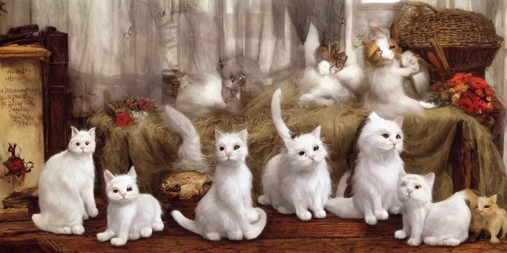 Prompt: 3 d precious moments plush cat with realistic fur sitting with precious moments hawthorned village porcelain figures, master painter and art style of john william waterhouse and caspar david friedrich and philipp otto runge